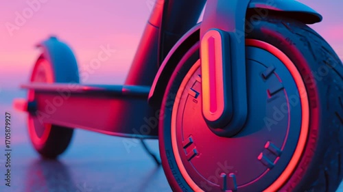 Colorful sunset backdrop enhances close-up of scooter wheel, showcasing urban vibe