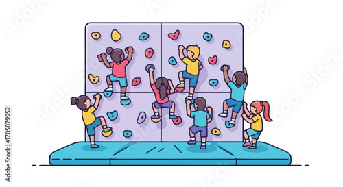 A diverse group of cartoon children enjoying indoor rock climbing on a colorful bouldering wall.