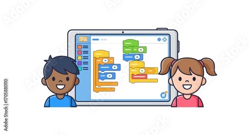 Two happy children learning to code on a tablet computer.