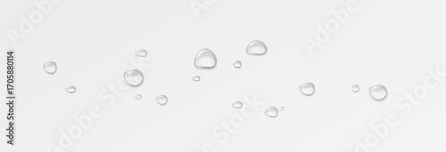 Realistic water drops on a transparent background, condensation on the surface with light reflection and shadow, vector, png, 3D effect.	
