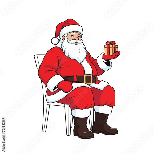 Jolly Santa Claus sitting on a chair holding a festive Christmas gift, a symbol of holiday giving and celebration