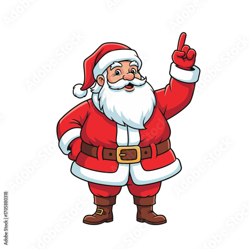 Smiling Santa Claus cartoon character pointing up with a brilliant idea for the Christmas holiday season