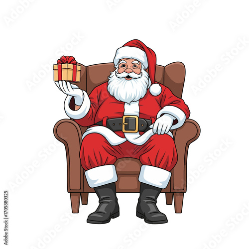 Festive illustration of a jolly Santa Claus resting in an armchair and holding a small wrapped gift box