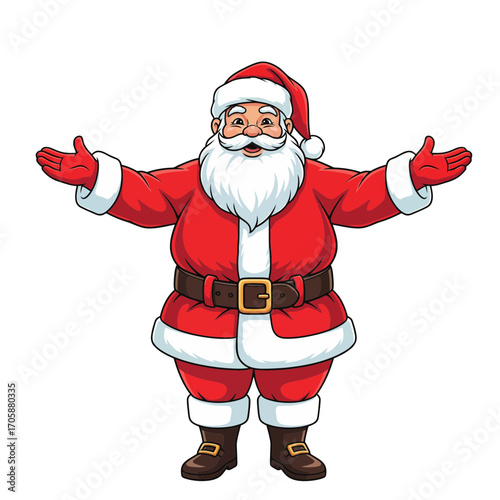 Friendly cartoon illustration of a cheerful Santa character with open arms for a warm holiday welcome