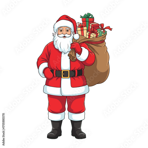 Cartoon Santa Claus, a cheerful festive holiday character, standing with a large sack full of Christmas gifts and presents isolated on a white background