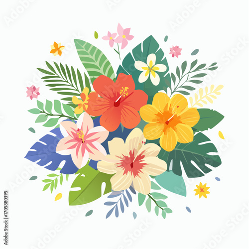 Vibrant Tropical Flowers and Lush Green Leaves Bouquet