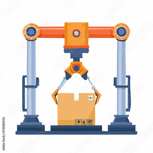 Orange Robotic Arm Lifting Cardboard Box In Modern Factory