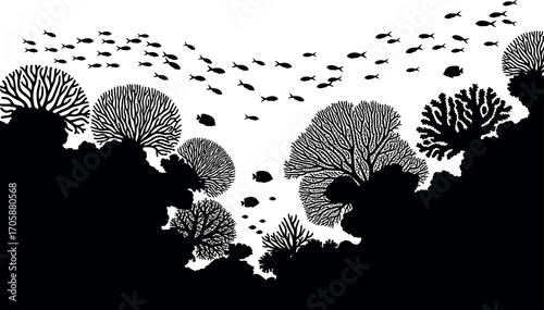 Underwater coral reef silhouette with school of fish. Vector illustration of sea life in black and white
