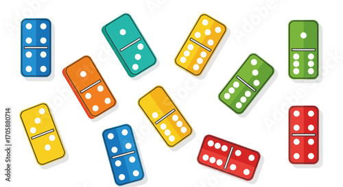 A vibrant collection of colorful domino game tiles scattered randomly on a surface.