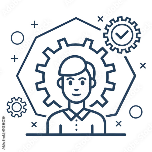Person Inside a Gear Mechanism: Concept of Skill, Expertise, and Productivity on transparent background
