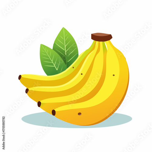 Bunch of Ripe Yellow Bananas With Green Leaves on White Background