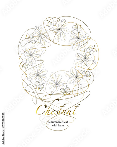Chestnut. Round frame. Autumn tree leaves with fruits. Linear vector drawing with place for text. 
