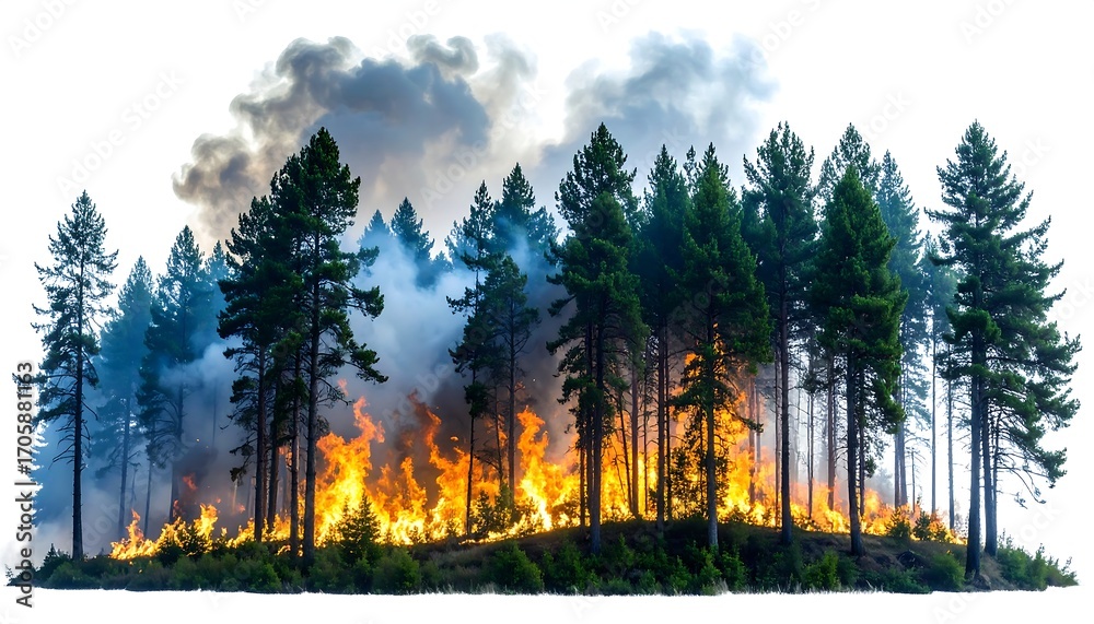 Obraz premium Forest fire engulfs a pine tree stand