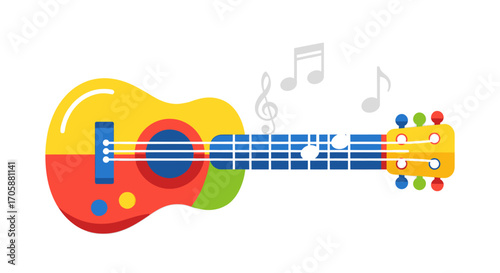 Vibrant Cartoon Toy Guitar with Musical Notes.