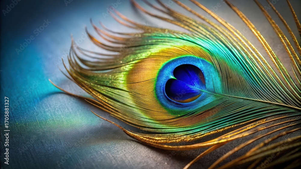 Fototapeta premium A Single Vibrant Peacock Feather with Iridescent Hues Resting on a Smooth Textured Surface