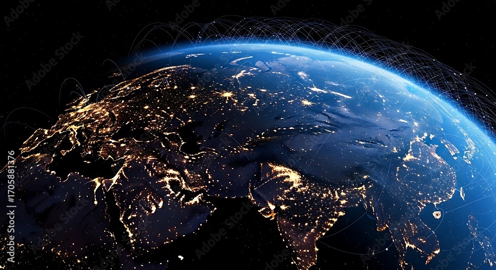 Obraz premium Earth at night with glowing city lights visible from space