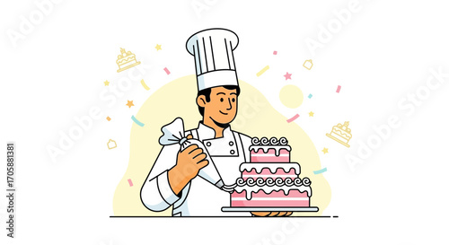 Cheerful Baker Adorning Cake With Festive Decorations For A Special Celebration