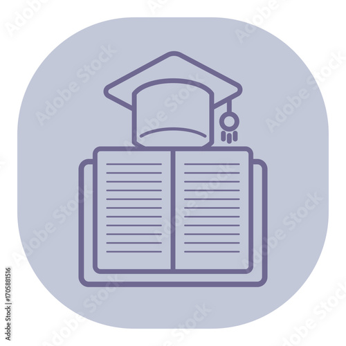 Line design of graduation cap above open book. Education and academic achievement, knowledge and learning concept