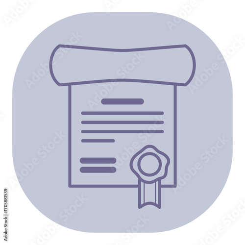 Simplified icon of certificate or diploma with rolled-up top and seal at bottom. Achievement and formal recognition concept