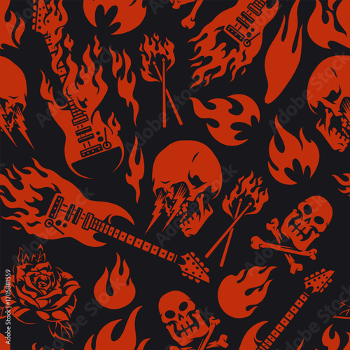 Fiery design featuring guitars and skulls in red