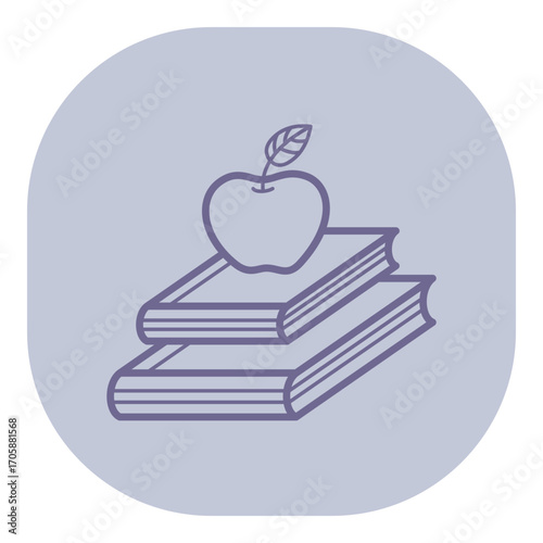 Illustration of two stacked books with simple apple resting on top. Learning and education, knowledge and academic pursuits concept