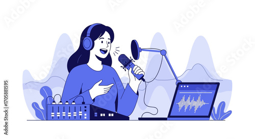 Creative Voice Recording Session Illustrating Podcast Production, Broadcasting Audio Content