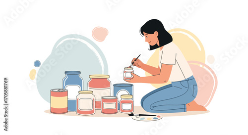 Creative Woman Painting Decorative Jars, Artistic Craft and Home Decor Design