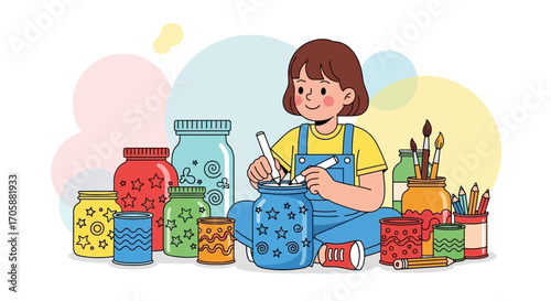 Creative young girl decorating glass jars in a colorful illustrated illustration