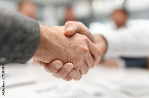 Two people clasp hands in a handshake, focus on the hands. Table and blurred figures visible in the background
