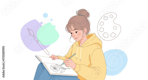 Creative Young Woman Sketching Floral Design in Her Notebook with Art Supplies Illustration