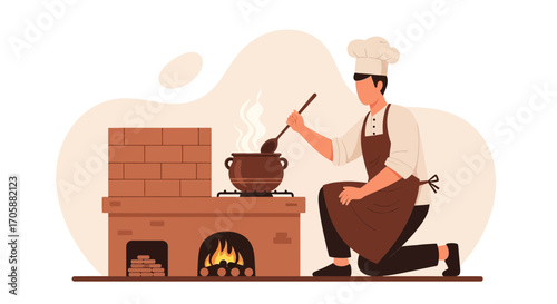 Culinary Artisan in Kitchen Crafting Delicious Cuisine, Cooking Over a Brick Oven Style