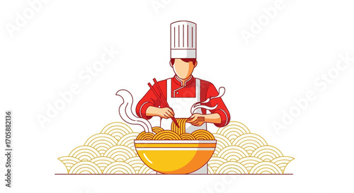 Culinary Artisan Preparing a Flavorful Noodle Dish with Artistic Flourishes