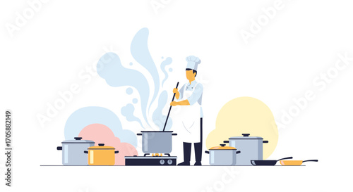 Culinary Artist: A Chef Artistically Crafting Dishes With Pots, Flame and Steam