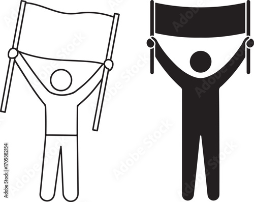 Two figures holding up blank banners silhouette