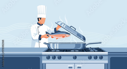 Culinary Artisan Preparing Fresh Fish Meal, Elegant Illustration Restaurant Cuisine Process