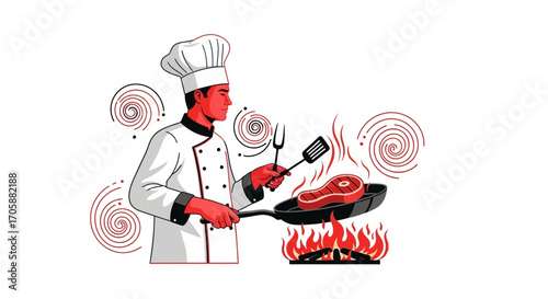 Culinary Artist Cook Preparing Delicious Grilled Meat Meal On A Pan With Flames