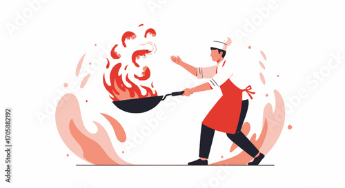 Culinary Artist at Work, Preparing Shrimp in a Frying Pan with Fiery Flames