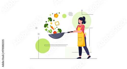 Culinary Arts: A Woman Cooking Fresh Vegetables in Wok With Minimalist Style