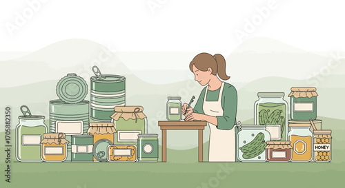 Culinary Arts: Woman Documenting Pantry Inventory Amongst Preserved Provisions