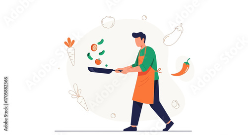 Culinary Artwork: Chef Preparing Vegetables in Frying Pan With Cartoonish Elements