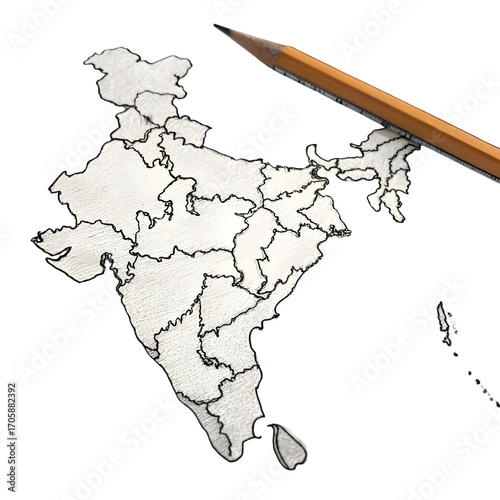 Pencil Sketch of India Map: Detailed Outline and States on transparent background