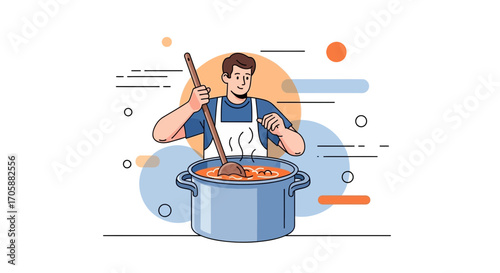 Culinary Creation: Person Cooking Soup with Wooden Spoon in a Large Pot Illustration
