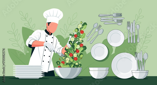 Culinary Creation: Professional Chef Preparing Fresh Salad with Elegant Tableware