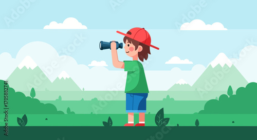 Young Explorer Utilizing Binoculars While Observing The Scenic Wilderness Outdoors And Its View