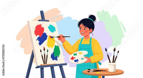 Young Female Artist Creating An Abstract Artwork on Canvas With Paint and Brushes