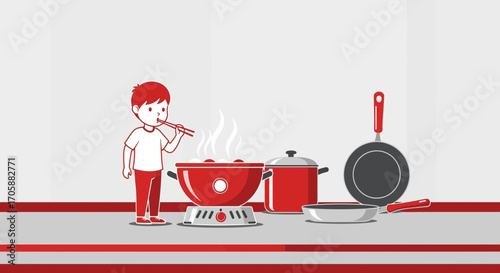 Culinary Exploration: A Young Observer Tasting Delicacies From A Steaming Pot With Utensils