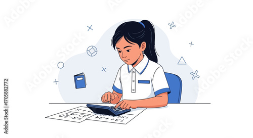 Young Female Student Solving Math Problems Using a Calculator for Educational Success