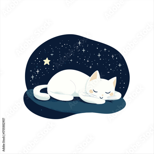 Sleepy white cat under starry night sky