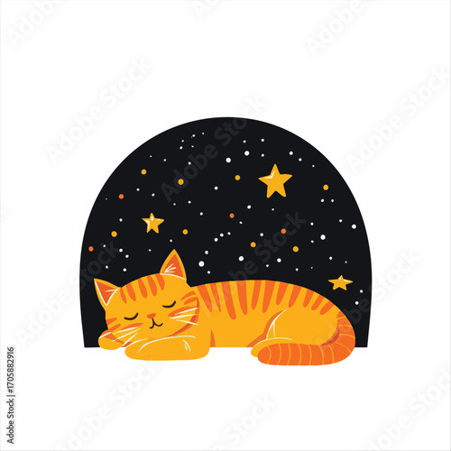 vector Cute orange tabby cat sleeping under a night sky