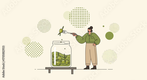 Culinary Illustration: Woman Prepares Olives for Preserving in a Glass Jar